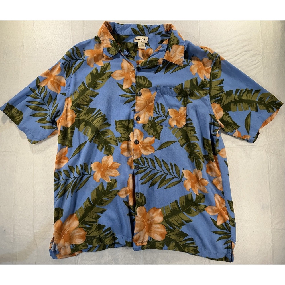 Panama Jack Mens Blue Hawaiian Floral Button Up Short Sleeve Shirt XL